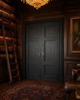 Porte double intérieure BOCHARM de luxe en bois foncé, 3 panneaux, en bois massif, style classique français, poignée nickelée, pour bibliothèque ou bureau, taille personnalisée
