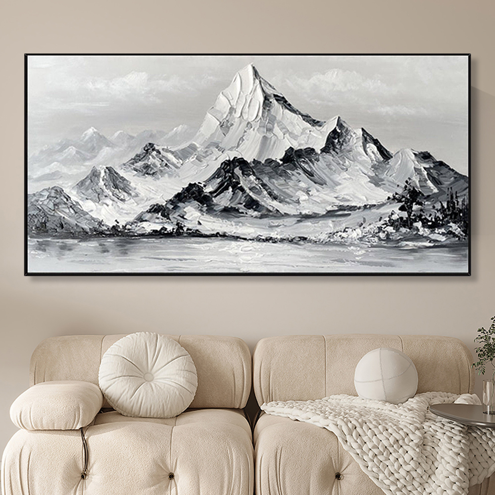 Large Mountain Landscape Painting With Textured Arylic Black and White Palette Knife Canvas Art on Black Frame · image 5
