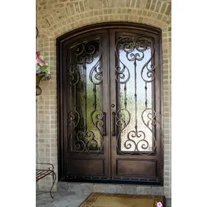 Modern Design Main Entry Arched French Doors Security Black Fancy Wrought Cast Iron Front Doors For House