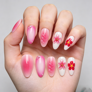 Unghie Finte Rosa a Mandorla con Decorazioni Floreali e Perle Fatte a Mano, Carine per Primavera Estate, Riutilizzabili, Copertura Completa, per Uso Quotidiano Femminile - Product Image 2
