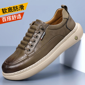 Baskets blanches pour hommes à talon bas, semelle souple, chaussures décontractées en cuir, lacets avant, couleur unie, style jeune - Product Image 5