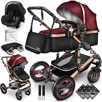 Poussette bébé 3 en 1 classique haute paysage avec siège auto, tissu en lin, cadre en alliage d'aluminium pliable, système de voyage