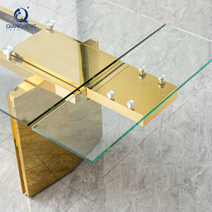 Mesa <span class=keywords><strong>de</strong></span> Comedor Extensible <span class=keywords><strong>de</strong></span> Vidrio Templado Transparente Moderno con Acabado Dorado <span class=keywords><strong>de</strong></span> Acero Inoxidable para <span class=keywords><strong>Muebles</strong></span> <span class=keywords><strong>de</strong></span> Hogar, Venta al Por Mayor <span class=keywords><strong>de</strong></span> Fábrica - Product Image 5