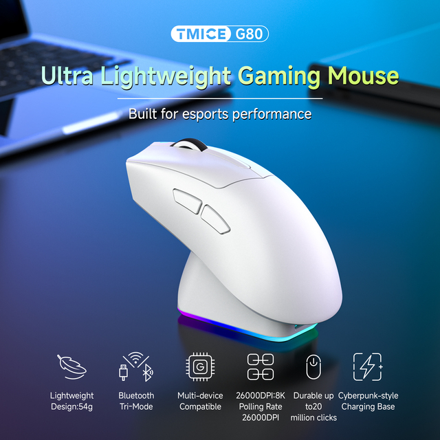 Ultralight Esports Wireless Gaming Mouse 54g Lightweight 8K Polling 26K DPI Optical Sensor 6 Programmable Buttons Gaming Mouse