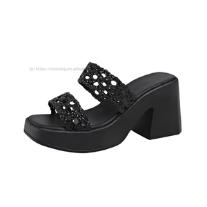 Sandales d'extérieur à talons hauts et plateforme, à semelle épaisse, d'été, tressées, à découpes, à bout carré, grande taille - Product Image 5