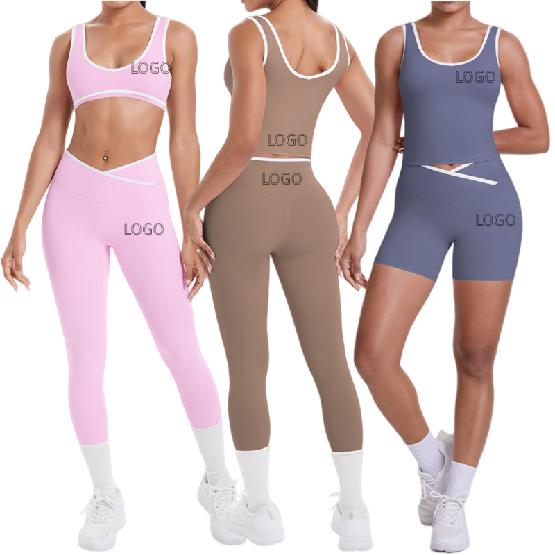 Custom LOGO Cross High Waist Sports Suit for Women Contrasting Colors Nude Tight Fitting Yoga Suit Quick Drying Breathable
