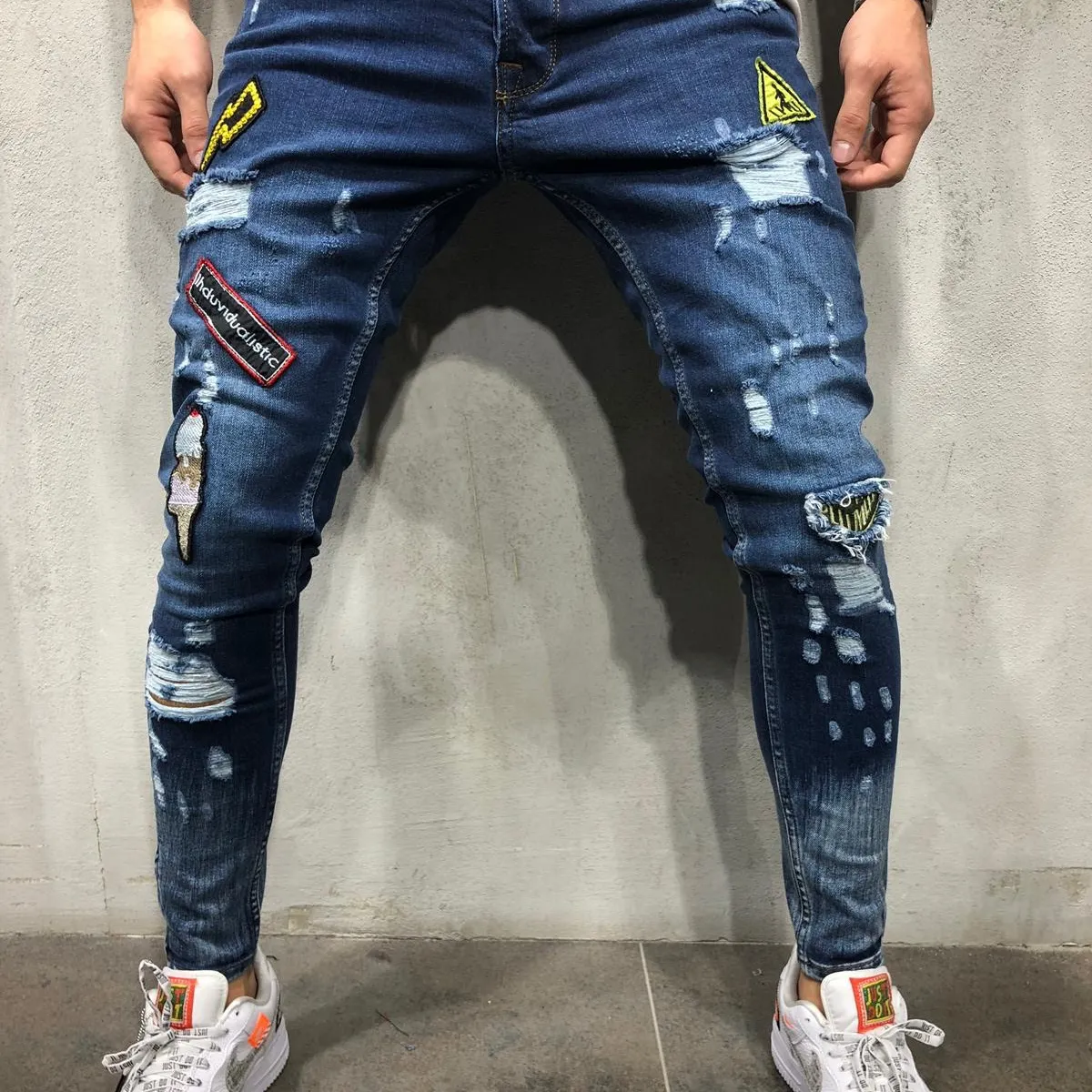 Wholesale Mens Hip Hop Ripped Skinny Jeans Pant Fashion Men's Badge Slim Fit Denim Jeans Trousers