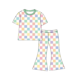 Conjunto de Ropa para Niña Pequeña con Estampado a Cuadros Colorido GSSO2312 rts, Conjunto de Manga Corta al por Mayor para Niñas - Product Image 1
