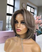 Perruque Courte Carré Pixie Brun Cendré avec Mèches sans Colle, Cheveux Humains Bruts d'Apparence Naturelle, Dentelle Transparente HD Frontale pour Femmes