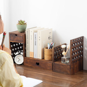 Retro Solid Wood Desktop Organizer 2 Tier <b>Storage</b> Shelf <b>With</b> <b>Drawers</b> For Office <b>Desk</b> Bookshelf Makeup <b>Storage</b> - Product Image 3