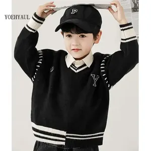 YOEHYAUL工厂定制儿童服装毛衣男孩条纹男童针织v领精品大学学步男童毛衣