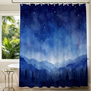 <span class=keywords><strong>Rideau</strong></span> de douche en <span class=keywords><strong>tissu</strong></span> imperméable avec crochets, motif ciel nocturne, montagne, forêt, aquarelle - Product Image 1