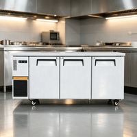 Mesa de trabajo con congelador de tres puertas para tienda de té con leche, refrigerador bajo mostrador de acero inoxidable, congelador comercial tipo banco de preparación.