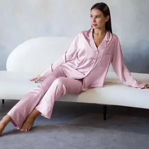 Pakaian Rumah Cinta Yang Mendalam untuk Kemeja Wanita Piyama Celana Panjang Sutra Pakaian Tidur Wanita Loungewear Satin Premium