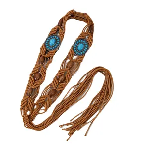 Cintura intrecciata da donna lavorata a maglia fai da te lavorata a mano in stile nazionale retrò con corda in legno turchese in acrilico intrecciato