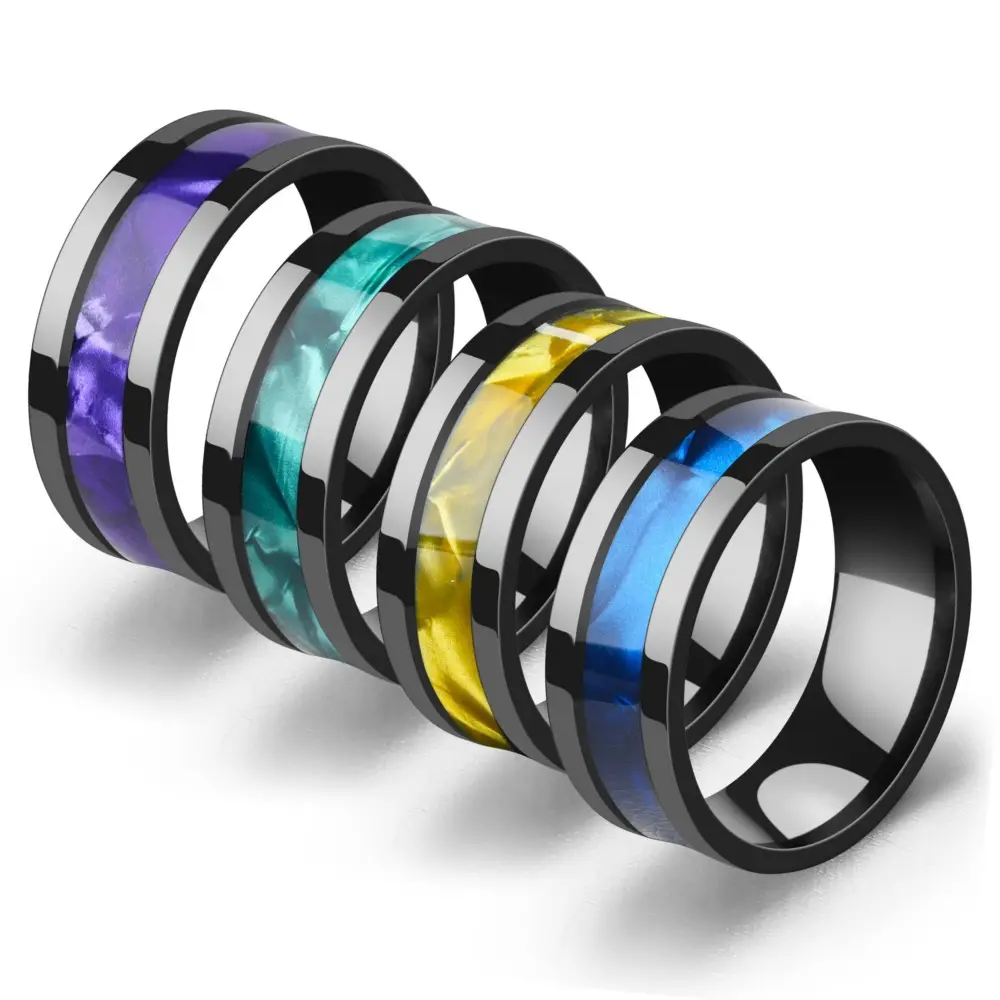 Wholesale Black Never Rusted Stainless Steel Colorful Shell Prints Simiplicity Men 8mm Rings