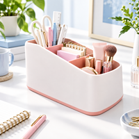 Organisateur de bureau minimaliste blanc et rose en plastique avec 3 compartiments, boîte de rangement de bureau mignonne