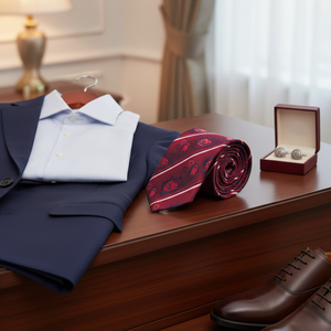Cravate fait main à motif châle bleu marine rouge bordeaux et motif italien rayé - Product Image 3