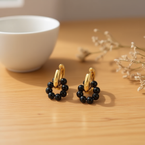 Boucles d'oreilles à double boucle en forme de T, plaquées or, avec perles noires, pour femmes - Product Image 5