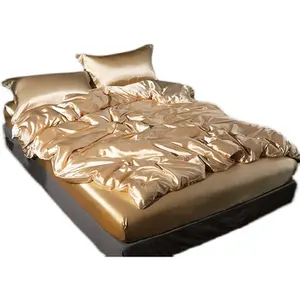 4 pièces <span class=keywords><strong>Noir</strong></span> Uni Satin Soie Ensembles de couverture de Lit 100% ensembles de Literie En Soie de mûrier - Product Image 1