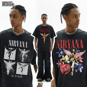 T-shirt a maniche corte in puro cotone pesante, lavata, con stampa trendy, stile rock americano vintage, per il commercio transfrontaliero - Product Image 3
