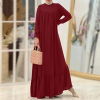 Robe longue musulmane vintage 2026 en gros pour femme, avec ourlet à volants, manches longues, en polyester, style Dubaï, directement de l'usine