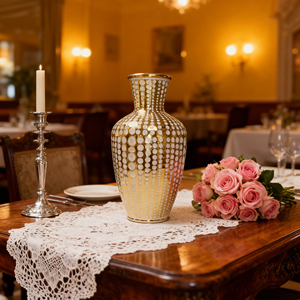 مزهرية سيراميك فاخرة بنمط آرت ديكو ذهبي وأبيض منقط - مزهرية أنيقة لتزيين الطاولات وترتيب الزهور - Product Image 2