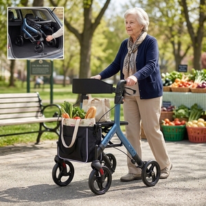 Déambulateur médical pliable à quatre roues, déambulateur de mobilité réglable en hauteur avec dossier et sac de courses pour personnes <span class=keywords><strong>âgée</strong></span>s - Product Image 1