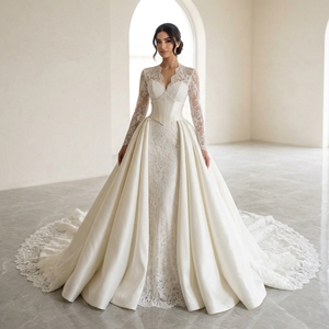 Lscm115 Elegante Vestido de Novia Dos en Uno con Corsé de Satén y Mangas de Encaje Color Marfil, Falda Sirena y Sobrefalda Desmontable en Línea A, Jancember - Product Image 1