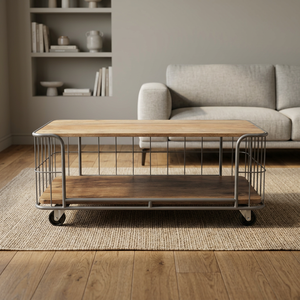 Modern Industrial Antique <b>Adjustable</b> Metal Coffee <b>Table</b> with Rotatable Cart Design Wheels for Living Room Home Villa Use - Product Image 3