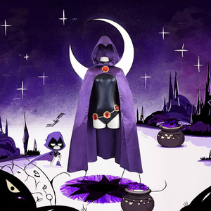 Disfraz de Cosplay de Raven de <span class=keywords><strong>la</strong></span> Serie de Televisión y <span class=keywords><strong>Película</strong></span> para Niños y Adolescentes Unisex de SeaShell, Mono Negro con Capa Morada con Capucha para Fiestas de Halloween - Product Image 3