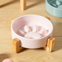 Bol à alimentation lente pour chat NicePets Cream Cat Paw |   Double bol pour nourriture et eau avec support en bois |   Gamelle en céramique anti-renversement et anti-étouffement pour animaux de compagnie