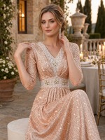 Robe de soirée plissée en sequins or rose, col en V, manches trois quarts, ceinture en cristal, coupe trapèze, vente en gros