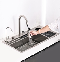 Le plus récent porte-couteau multifonction anti-rayures Smart Nano Double bol carré comptoir cascade ensemble d'évier de cuisine en acier inoxydable