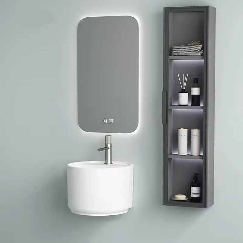 CaCa Freestanding Small Size Oval Wall Hung Mount Ceramic Bathroom Sink hang basin with Smart mirror and cabinet