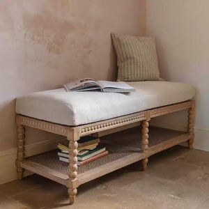 American Solid Wood <b>Bed</b> <b>End</b> Bench, French Distressed Vintage Entryway Shoe Bench, Long Upholstered Bench for Master Bedroom - Product Image 3
