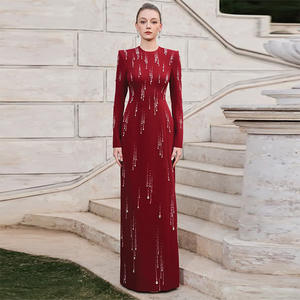 A11537 Vestido <span class=keywords><strong>de</strong></span> Noche Formal Rojo Elegante <span class=keywords><strong>para</strong></span> <span class=keywords><strong>Mujer</strong></span>, Vestido Largo <span class=keywords><strong>de</strong></span> Manga Larga con Pedrería y Diamantes, Corte A <span class=keywords><strong>de</strong></span> Cintura Alta - Product Image 1