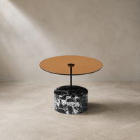 Table basse ronde personnalisée en pierre ambrée, base sculpturale en marbre noir naturel, mobilier moderne pour villa et salon