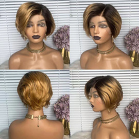 Péruvienne Bouclés Droite Frontale 13*4 Sans Colle Bob Perruque 613 Ombre Couleur Vierge Cheveux Humains Avant de Lacet Court Coupe Pixie Perruques