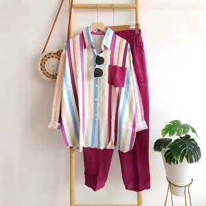Ensemble décontracté deux pièces pour <span class=keywords><strong>femme</strong></span>, jupe et haut à manches longues, en tissu mélangé tissé à rayures, nouvelle collection été, tailles S-5XL - Product Image 4