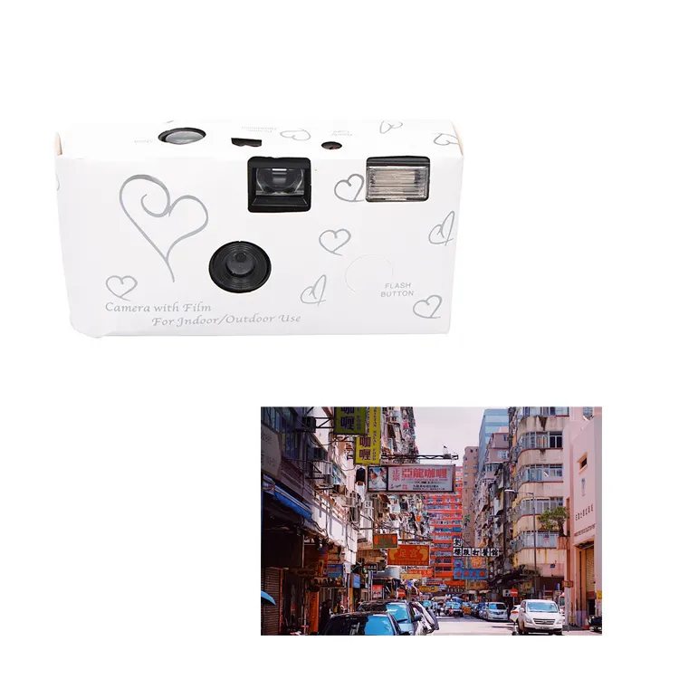 Appareil photo jetable vintage 35mm, appareil photo numérique blanc à mise au point fixe, appareil photo de mariage à usage unique avec flash