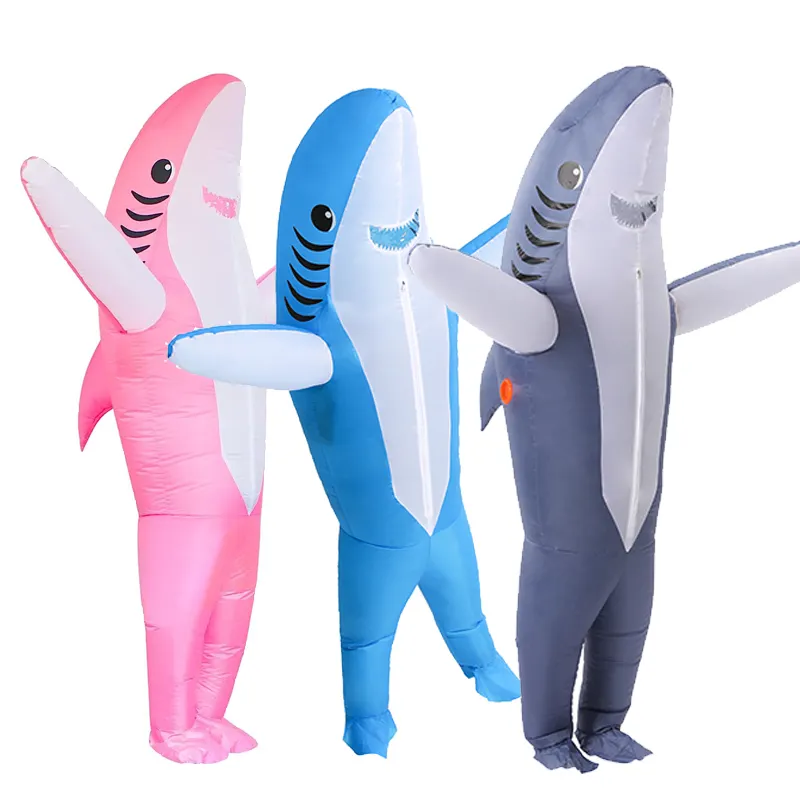 Fantasia inflável de mascote de tubarão azul e rosa unissex para adultos Halloween fantasia de corpo inteiro