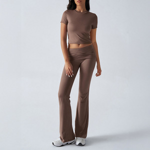 Completi Donna Estivi: T-Shirt a Maniche Corte Slim + Pantaloni Lunghi, Set Due Pezzi Casual Tinta Unita, Tuta Chic da Donna - Product Image 2