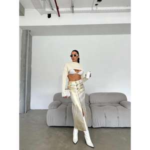 Jupe en jean vintage automne/hiver ornée de motifs métallisés, décontractée, sexy, grande taille, design asymétrique, avec boutons et technique de lavage diamant, taille ajustée - Product Image 3