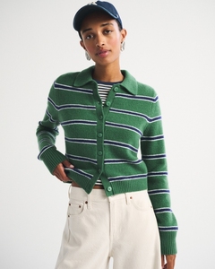 Cardigan en tricot rayé Leduo personnalisé pour femme, col polo, manches longues, boutonné, court, décontracté - Product Image 3