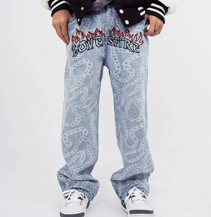 Custom Designs Baggy Pants Jeans Men Letter Denim Printed Man Casual Trousers Street wear Y2K Men's Jeans