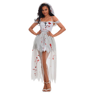 Costume de mariée fantôme, robe en maille avec taches de sang et voile pour Halloween, cosplay, taille moyenne pour femme - Product Image 2