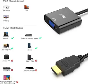 BENFEI HDMI a VGA, adaptador HDMI a VGA chapado en oro compatible con computadora, computadora de escritorio, computadora portátil, PC, monitor y más-Negro