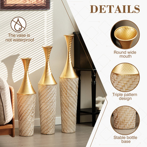 Set di 3 vasi da terra in metallo artigianali, oro e bianco, testurizzati, alti 27, 56, 31, 5, 35, 43 pollici, per soggiorno e ingresso. - Product Image 3