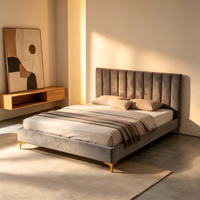 Cadre de lit de rangement rembourré en velours gris, moderne, avec tête de lit capitonnée verticale, confortable, pour chambre à coucher ou salon, sans sommier